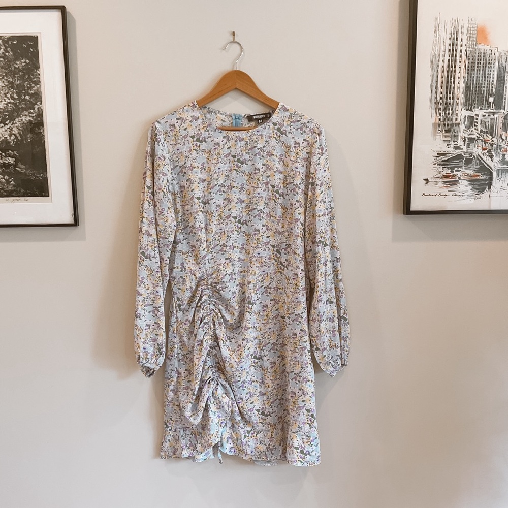 Misguided Multicolor Floral Ruched Side Tie Frill Hem Mini Dress Size 12